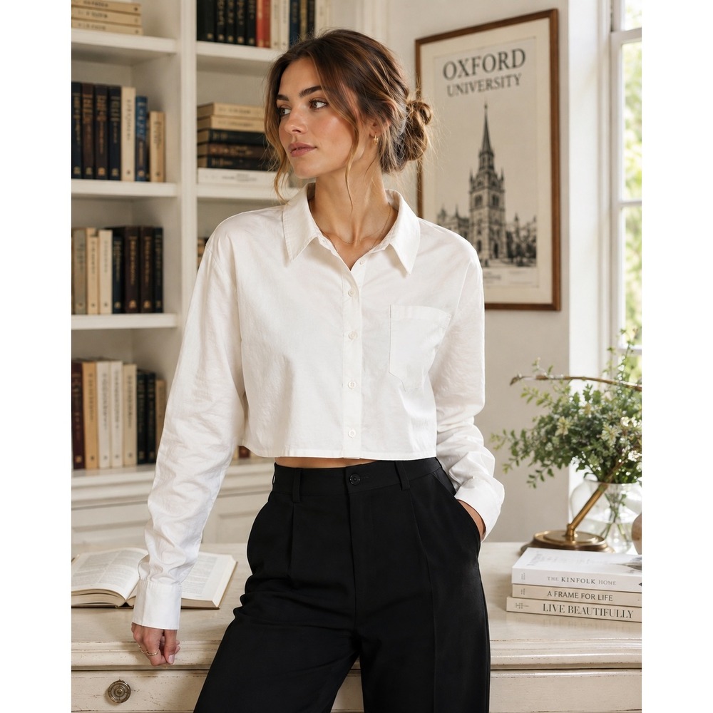 Wild Love Cropped Shirt L White Minimalist Academia Clean Girl Coastal NWT